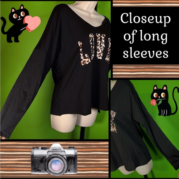 NWT M/8  BLACK KNIT MINIMALIST TOP W CONTRASTING ANIMAL PRINT LOVE GRAPHIC - Picture 4 of 13